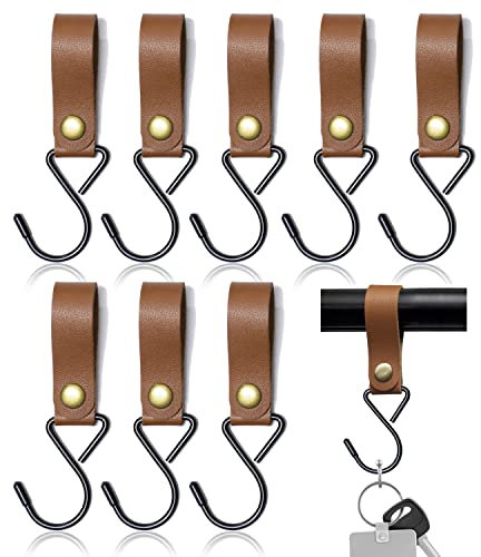 Modixun 8 Stück Leder-S-Haken, Metall-S-förmige Haken zum Aufhängen, Campinghaken, Kinderwagen-Haken, Lederhaken für Mantel, Handtuch, Küche, Badezimmer, Braun