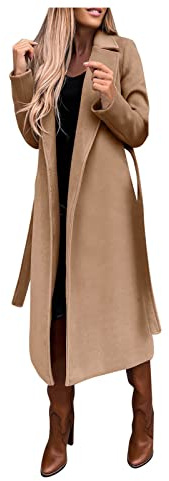 Damvinterkappa, lång ullrock, varm övergångsjacka, enfärgad, smal kavajjacka, elegant vindjacka, mode, overcoat, kaki, S