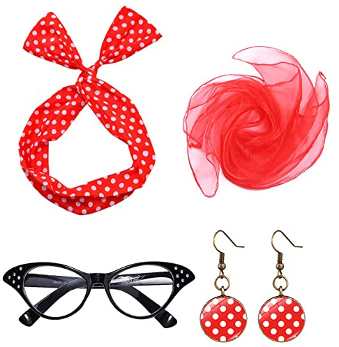 Accessori da donna anni rockabilly accessori con sciarpa in chiffon per gatti occhiali polka dot bandana cravatta orecchini orecchini orecchini per abbigliamento anni '60, Colore: rosso, 10