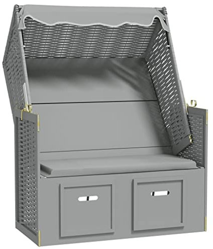Hommdiy Strandkorb mit Dach Sonnenschirm Poly Rattan und Massivholz Grau, 115x55x133/151/156 cm (LxBxH)
