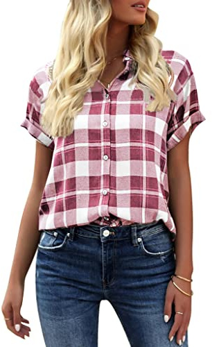 GeGekoko Camiseta de mujer a cuadros, de manga corta, casual, suelta, con cuello en V, abotonada, para el verano, túnica, camiseta, tops, Rosa., L