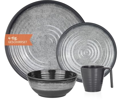 Moritz Campingservis set 1 person 4 delar | Melamin | picknickporslinsset | campingservis sten grå design
