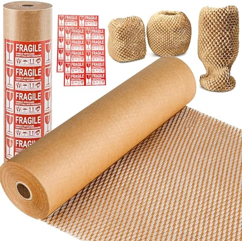 Honeycomb Packing Paper, 15x300' Eco Friendly Packing Materials for Shipping Breakable Recyclable Moving Supplies Paper Bubble Wrap Sheets Roll with 20 Fragile Sticker Labels