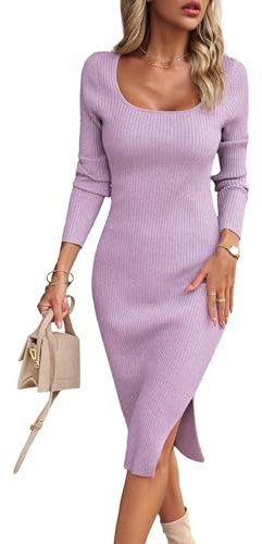 VOGMATE Strickkleid Damen Winter Langarm Kleid Sexy Herbstkleid Partykleid Midikleid Knit Bodycon Dress Pulloverkleid Hellviolett M