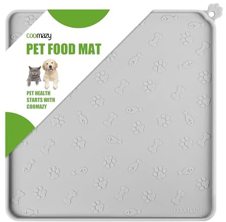 Coomazy Napfunterlage für Hund Katzen, Erhöhtem Rand Verdickter Futtermatte Hunde mit Hundepfotenabdruck, wasserdichte rutschfeste Silikon Hundenapf Futternapf Matte (Asche, S: 30x30cm)