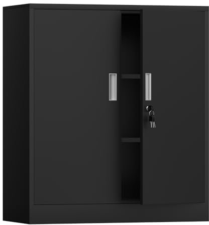 Aktenschrank Büroschrank Lagerschrank Metallschrank Stahlschrank, Aufbewahrungsschrank aus Metall mit verschließbaren Türen und 2 verstellbaren Regalen 92x80x40cm (Schwarz, 92H cm)