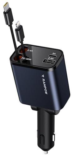 RAMPOW Zigarettenanzünder USB C, Auto Zubehör 65W Auto ladegerät Kfz Zubehör, 4in1 Einziehbares Auto Ladegerät Zigarettenanzünder Schnellladegerät mit iPhone 16/15/14/13, Samsung S24/S23, iPad