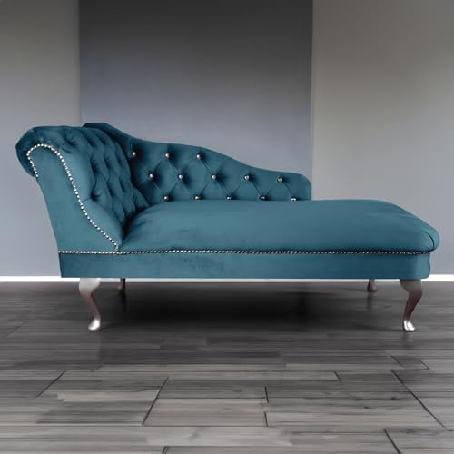 Paradise Furniture RegentTufted Chaise Lounge Sofa & Seating Handmade Velvet Living Room Bedroom Hallway Silver Accent Chair (Left Hand, Teal)