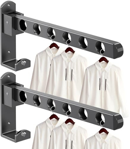 RANJIMA 2 Stück Kleiderhaken Klappbar, 6 Löcher Kleiderstange Klappbar Wandmontage 90° Drehbar Kleiderlüfter, Wandhaken Klapphaken Wand Kleiderständer für Balkon, Waschküche, Badezimmer (Schwarz)