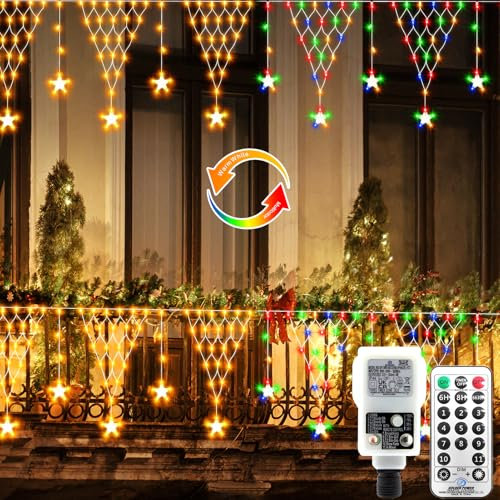 CCILAND Christmas Net Lights Outdoor, 2 Colours Changing Star Net Lights Plug in 4M 196 LED Mesh Light Outdoor with Remote for Garden Patio Wedding Fence Decor - Warm White & Multicolour