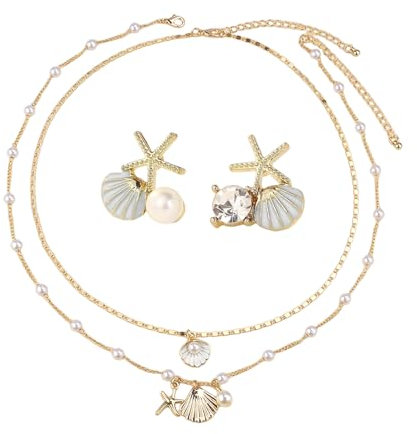 2 Stück Muschelketten, 1 Paar Muschelohrringe, Schmuck Im Bohème-Stil, Perlenkette Aus Legierung, Ohrringe Im Fantasy-Ozean-Stil, Strandurlaubsschmuck