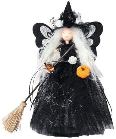 Liuyoyo Black Witch Doll Ornament with Spider Web Skirt, Black Pointed Hat and Flying Broom for Desktop Treetop, Witch Doll Tree Topper Hanging Decorations, Tree Topper Witch (A)