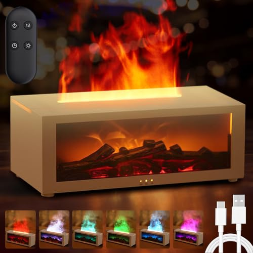 Flamaromdiffusor, eterisk oljediffusor med 7 färger ljus, flamdiffuser luftfuktare med fjärrkontroll, doftande oljediffusor med timer, automatisk avstängning utan vatten