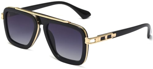 Long Keeper Retro Square Sunglasses for Men Women Classic Pilot Sunglasses Vintage Style Metal Square Frames Anti UV400 Sun Glasses Unisex (Black Gold Frame - Grey Gradient Lens)