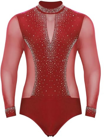 Sinleey Herren Latein Tanz Body Glitzer Gymnastikanzug Eislauf Turnanzug Langarm Kleidung Turnbody Rot L