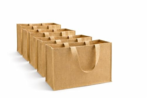 FROM INDIA BOUTIQUE Lot de 5 Sac Cabas en Toile de Jute Naturel 50x35x20 cm – Sac de Courses Réutilisable Écologique 35L – Grand Sac Jute Solide avec Poignées pour Marché et Shopping