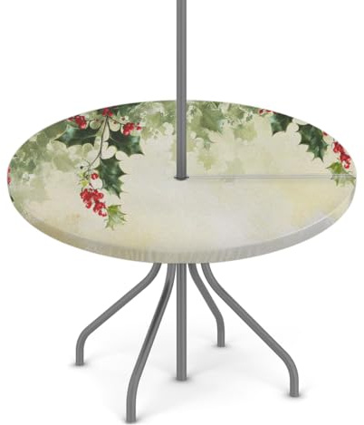 Mantel redondo vintage de hojas de bayas de acebo con agujero para paraguas y cremallera, mantel redondo lavable e impermeable para fiesta, picnic, patio (apto para mesa de 36 a 44 pulgadas)