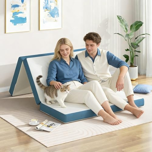 DSNAPE Folding Mattress Double, 4 Inch Foldable Floor Mattress, Tri-fold Easy Storage Gel Memory Foam Mattress with Washable Cover & Pressure Relief for Camping, Guest, Caravans (135 x 150 x 10 cm)