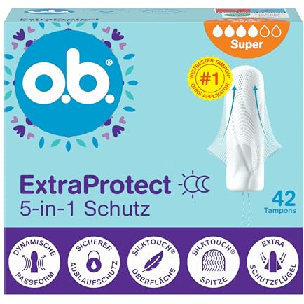 ob. ExtraProtect 5-i-1-skyddstamponger (1 x 42 st.) med extra skyddande vingar för världens bästa tillförlitliga läckageskydd och komfort