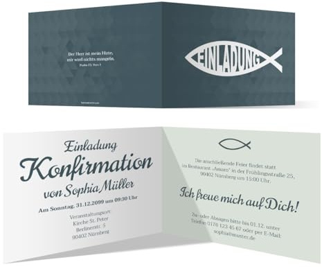 Personalisierte Konfirmation Einladungskarten Moderner Jesus Fisch ab 10-100 Stück selbst gestalten, Konfirmationseinladungen Klappkarten, Briefumschläge optional, DIN A6
