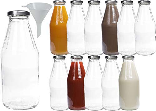 mikken 12 x Glasflasche 500 ml, Flasche mit Schraubverschluss silber inkl. Trichter