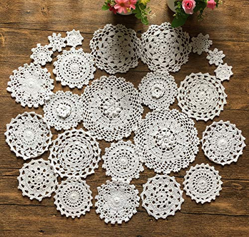 MINDPLUS Hand Crochet Doilies Cotton Crocheted Lace Doilies 2-7 Inch Round White Vintage, Set of 24 (24pcs White)