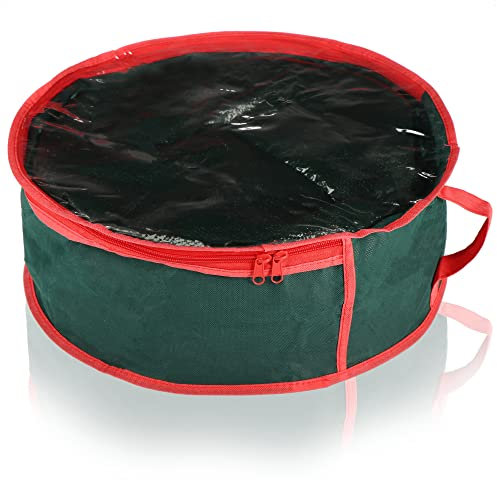 com-four® Kranztasche mit Sichtfenster und Tragegriff - Aufbewahrungsbox für Dekoration, Girlanden, Näh- und Spielzeug, Mützen und Hüte - runde Schutzhülle mit Reißverschluss (dunkelgrün/rot - rund)
