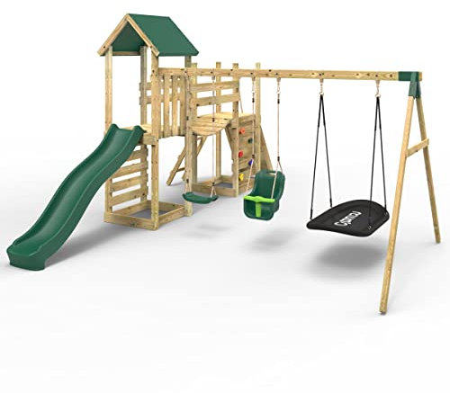 Rebo® Double Tower Climbing Frame with Flexible Bridge, Swing and Slide - Snowdon | OutdoorToys | Kids' Outdoor Wooden Garden Play Equipment, Children's Jungle Gym