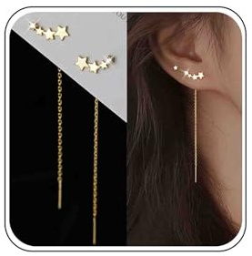 Atentuyi Pendientes De Oro Cz Estrella Con Enhebrador De Cadena Larga - Escalador Y Colgante De Cristal - Joyas Para Mujeres Y Niñas