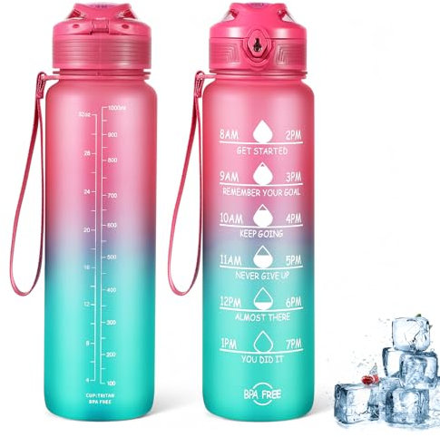 jjshund Trinkflasche 1L, Wasserflasche 1L Auslaufsicher mit Zeitmarkierung, BPA-Frei Trinkflasche Sport aus Tritan Tragbar Water Bottle Sportflasche für Gym Fitness Camping Fahrrad - Rosablau