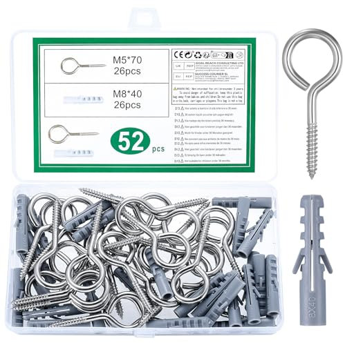 26 Pcs Piton à Visser, Crochet à Visser, Crochet à Œillets à Vis en Acier Inoxydable, Boulons à Œillet Filetées Auto Taraudeuse pour Bois Plafond Artisanat, M5 x 70mm