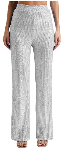 Linjinx paljettbyxor, dam, metalliska byxor, hög midja, treggings, långa vida ben, sommarbyxor, utsvängda byxor, fest, streetwear, silver, L