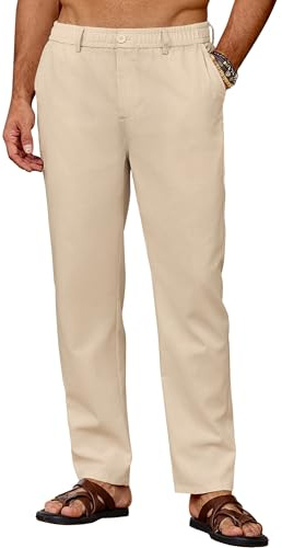COOFANDY Pantalones Lino Hombre Pantalones Largos de Verano Ligeros con Bolsillos Cintura Elástica Cordón