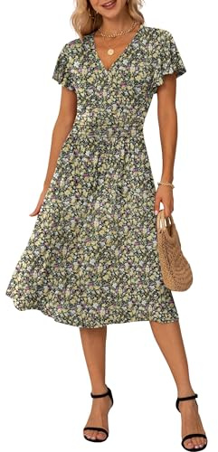 GRECERELLE Womens Summer Wrap Dress Ladies Casual Ruffle Short Sleeve V-Neck Floral Beach Dresses for Women (Black Yellow Flower, XXL)