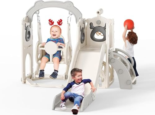 Scivolo per bambini, grande con cestino da basket, telaio da arrampicata per giardino, telescopio, spazio di archiviazione, per 1-3 anni, extra lungo 1700 mm ((scivolo 6 in 1 con alce, altalena
