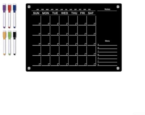 Pizarra magnética de acrílico negro con 6 marcadores regrabables, calendario borrable para refrigerador para el hogar de la cocina (A4)