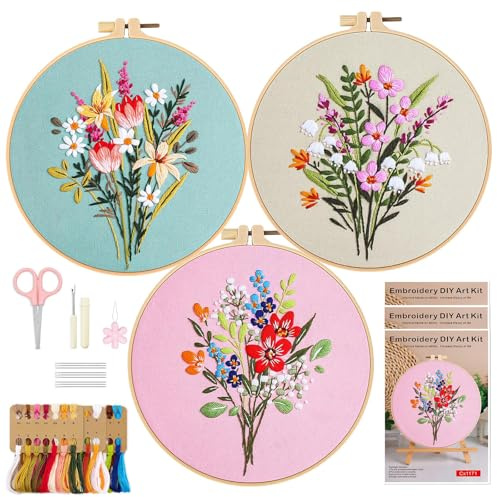 CoolQi 3 Pack Embroidery Kit for Adults Beginners, Flower Embroidery Kits for Adults, DIY Stitch Craft Set for Women & Teens with Pattern Fabric, Hoop, Thread & Needles, Paper & Video Instructions