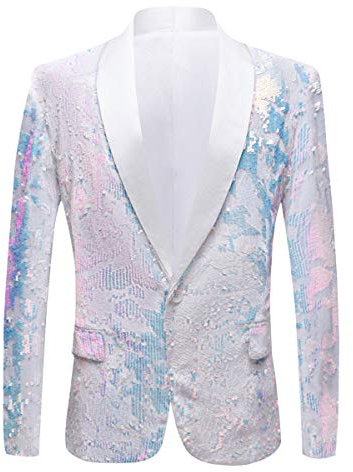 PYJTRL Män mode sammet paljetter blommönster kostym jacka blazer, Vitt, L