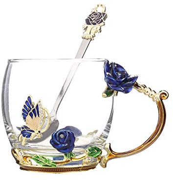 Tea Mug,Coffee Spoons,Glass Tea Cups,Coffee Cups Glass,Glass Mugs with Handles,Tea Lovers Gifts for Women,Butterfly Gifts for Women,Tea Sets for Women, Gift Ideas for Women. (Dwarf Blue Rose Tea Cup)