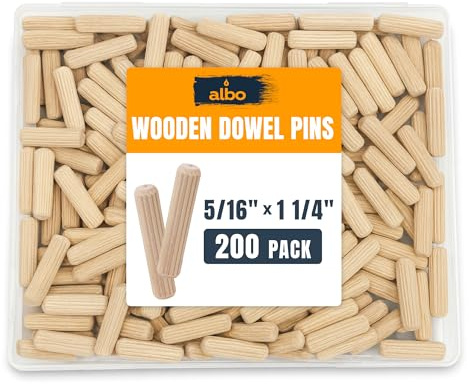 ALBO Wooden Dowel Pins 5/16 x 1 1/4 inch Fluted Wood Dowels Rods 200 Pack Hardwood Crafts Dowel Pegs