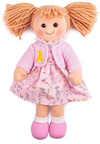Bigjigs Toys Ella Rag Doll (Medium) - My First Dolly, Plush Pink Soft Dolls, Baby Toys For Girls & Boys, Ragdoll Suitable From Birth, Swap Ragdolls Clothes & Outfits, For 1 Year Olds +, Size 34cm