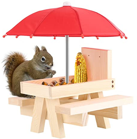 Ruiqas Comedero de ardillas de madera para exteriores, mesa de picnic divertida con paraguas para jardín, patio, árbol