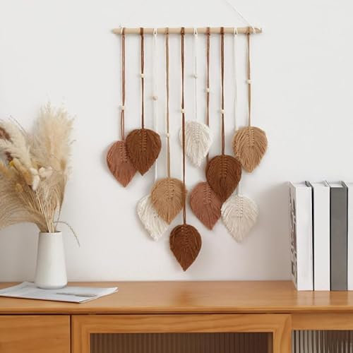 CCAIPU Makramee-Wandbehang, Böhmischer Blatt-gewebter Wandteppich, Handgefertigte Blätter Feder Wandkunst Dekorationen für Wohnzimmer Schlafzimmer Zuhause (Braun)