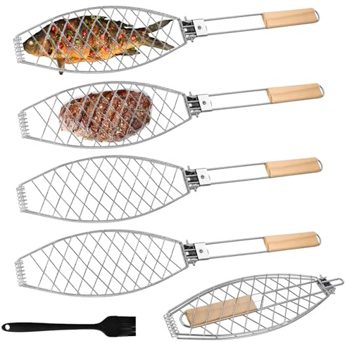 Griglia per pesce con manico in legno, 4 pezzi, 63 x 12 cm, grande arrosto per pesce con manico, in acciaio inox, per barbecue e barbecue