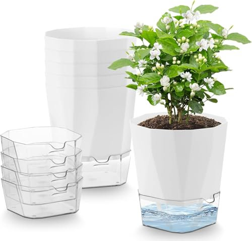 Yimomoyi 6er Set Kräutertöpfe Küche Selbstbewässernd, 12.5cm Blumentopf mit Bewässerungssystem, Selbstbewässerungstopf mit Transparente Wasserspeicher, Basilikum Topf, Übertopf Set, Weiß