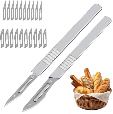 JDCMEI 2 Pièces Boulanger à Pain, Lame à Pain, Lame Boulange à Long Manche, Couteau à Pain, Couteau à Découper Motif Pain, Boulanger Slashing Outil avec 20 Lames pour DIY Graver des Motifs de Pain