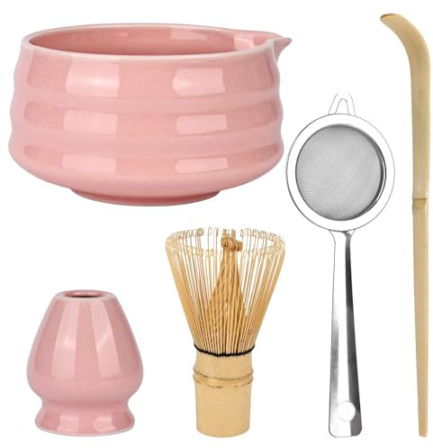Trendecor 5 Teilige Matcha Set Matcha Schale Rosa Farbe Traditionelles Japanisches Teeset Matcha Keramikschale Matcha Schale Matcha Zeremonie Keramik für Büro Teestube