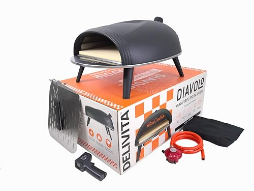 DeliVita Diavolo Gas-Fired Portable Pizza Oven – Powered by Propane, Butane or Camping Bottles, Includes Accessories - Folding Peel, Carry Case, Temperature Gun, Camping Regulator and Gas Regulator