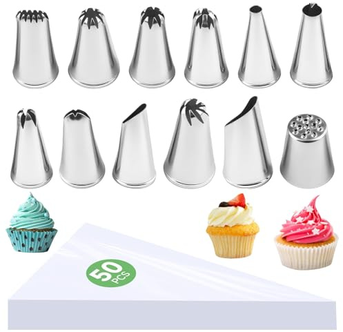 12 Pcs Douille Patisserie, Wefaly 304 Inoxydable Poche a Douille Patisserie avec 50 Pièces Poche a Douille Douilles a Pâtisserie pour Décoration de Cupcake et Muffins Gâteaux