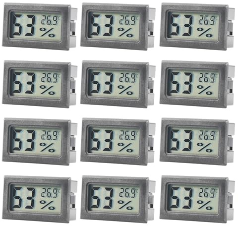 12 x digital termometer hygrometer inomhus, minirumstermometer inomhusfuktighetsmätare, rumstermometer för hemmet, kontor, växthus, kylskåp, svart